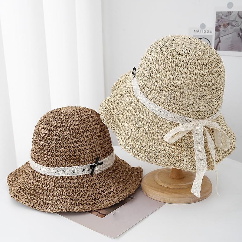 Sombrero de Paja Ahuecado de ala Ancha para Mujer,Ligero,con Lazo de Encaje de Perlas,Plegable,Transpirable,para Playa,para Caminar y Viajar