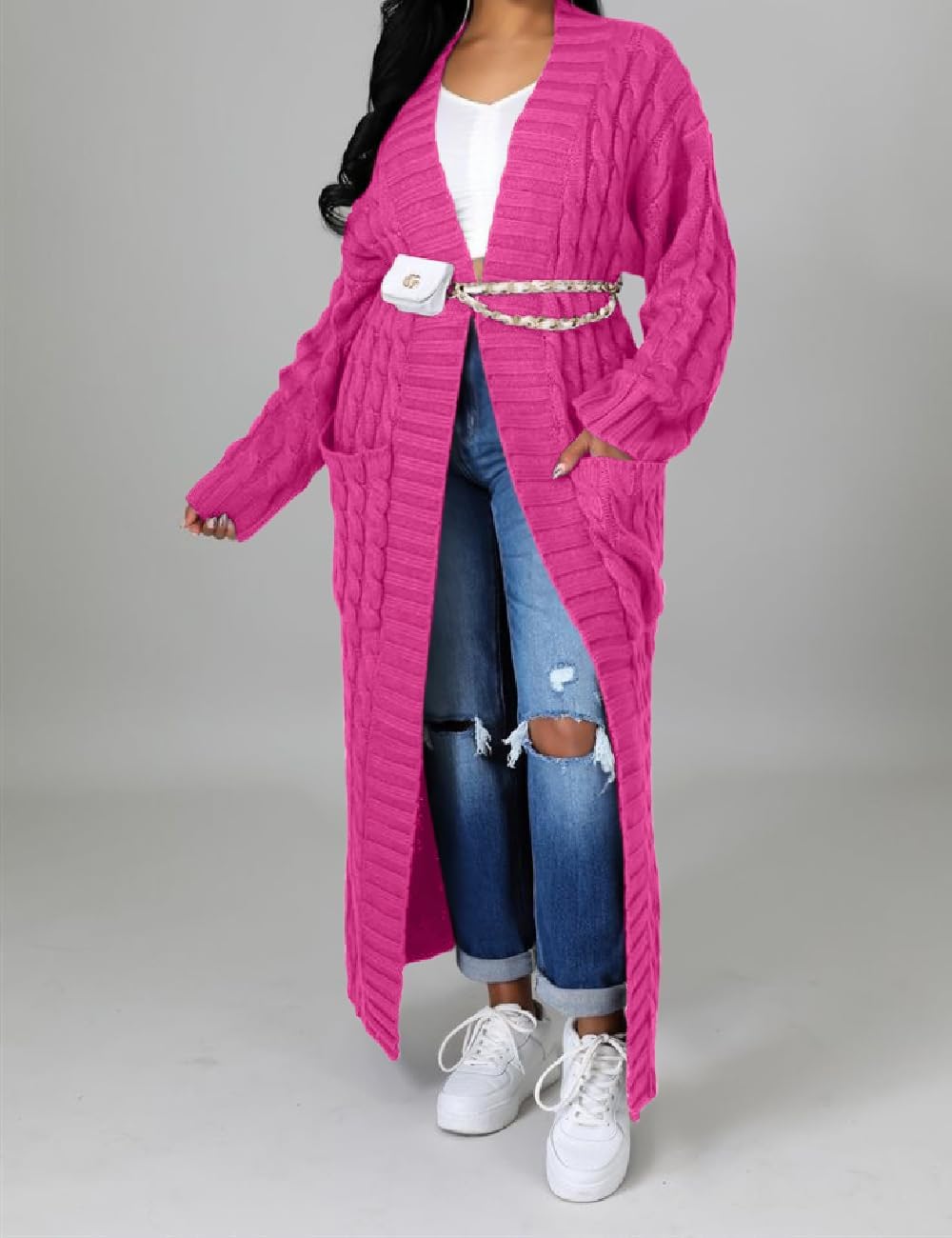 A ADILACA Women's Thin Type Stylish Cable Knit Cardigan with 2-Pockets, Women's Extra Long Ankle Length Sweater - Image 4