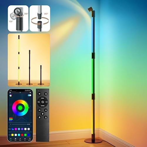 Brightown Lámpara de pie que cambia de color, lámpara de esquina LED con foco, lámpara de pie moderna inteligente con sincronización de música, 16