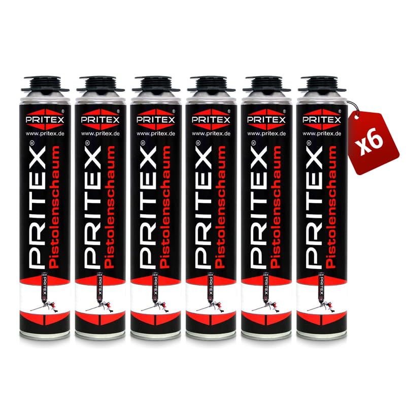 PRITEX Pistolenschaum 6 x 750 ml zum Verfüllen Dämmen & Abdichten Montageschaum mit hervorragender Schall- & Wärmedämmung Bauschaum für Montagepistole