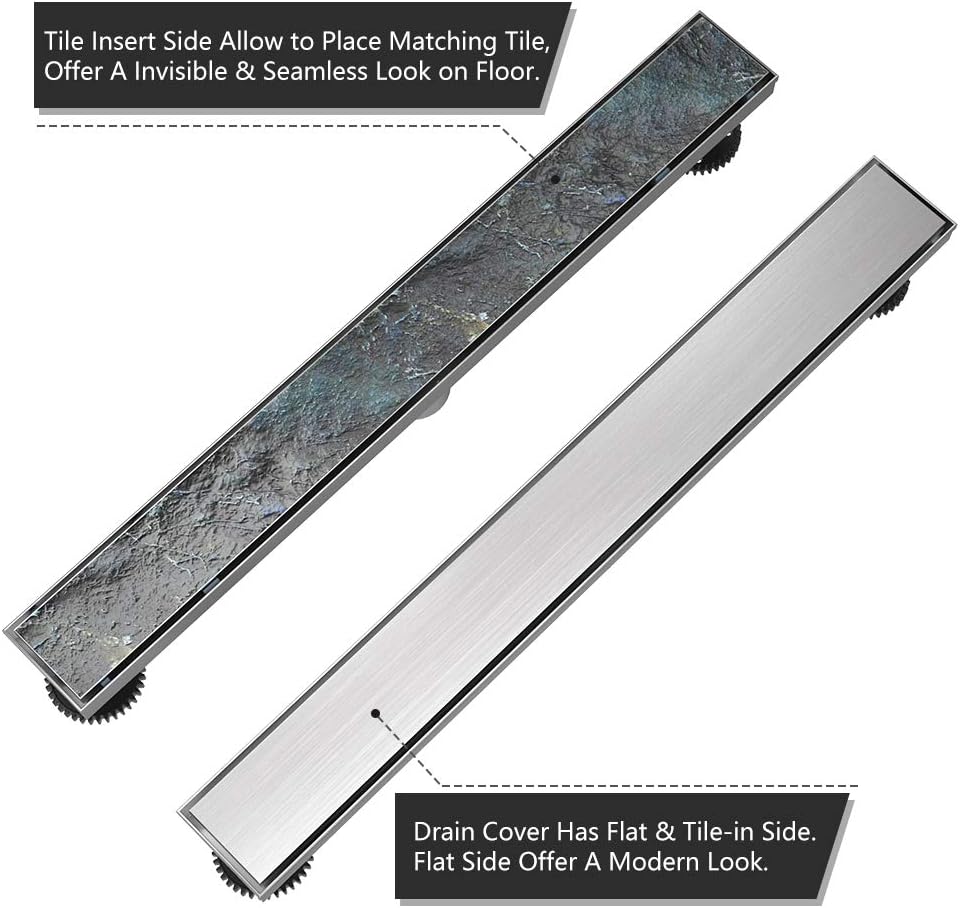 USHOWER 36-Inch Linear Shower Drain with Reversible 2-in-1 Tile Insert Cover, SUS304 Stainless Steel, Includes Flange Base & Hair Strainer, Brushed Nickel