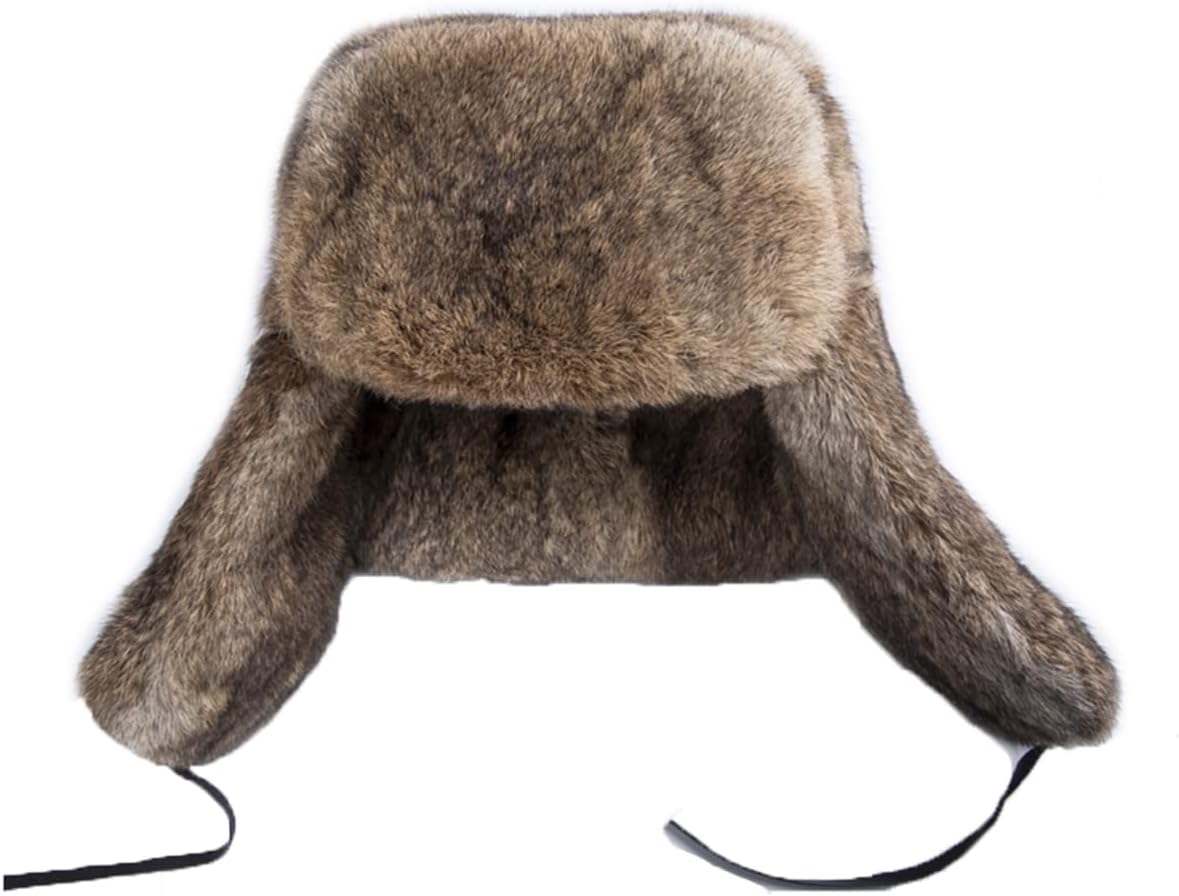 Mens Hat Genuine Rabbit Hair Ushanka Winter Hat Trapper Ear Flaps Warm
