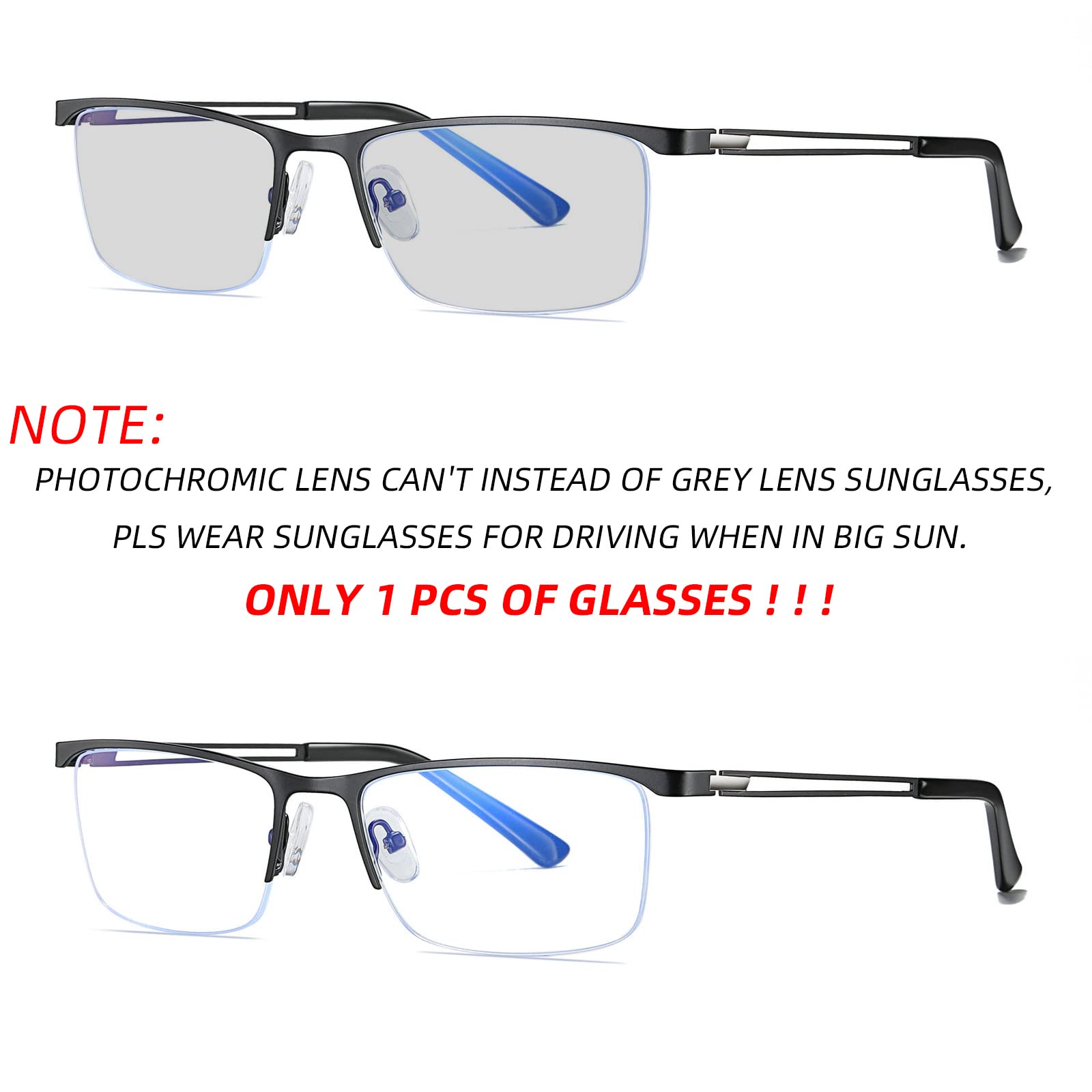 laureles/Men's Transition Eyewear 2020 Fashion Square Metal Half Frame Grey Photochromic Reading Glasses (Black, 2, multiplier_x)