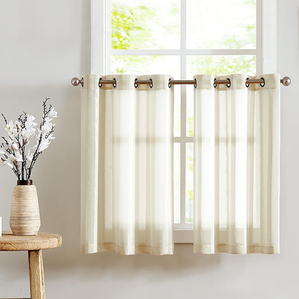 TOPICK Sheer Scheibengardinen mit Tunnelzug Transparent Bistrogadine Landhaus Streifen Voile Küchenvorhang Gestreift Küchengardinen Paarig für Badezimmer