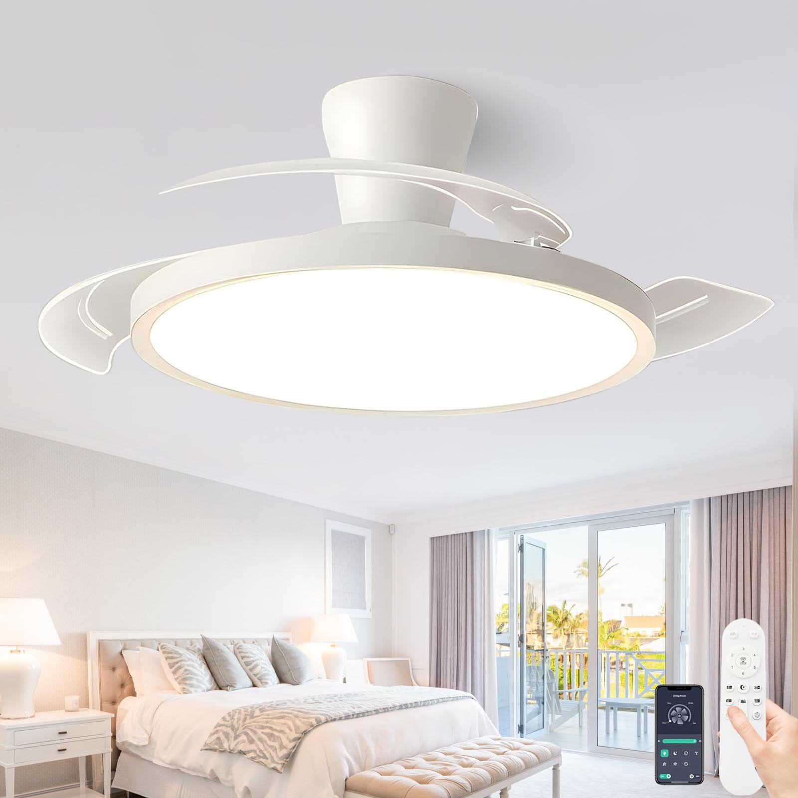 SXDMOUBK Intelligent Ceiling Fan Remote Control Silent Retractable Ceiling Fan LED Dimmable and Reversible Fan Lights Ceiling for Bedroom 6-Speed Fans for Living Room-White||121cm