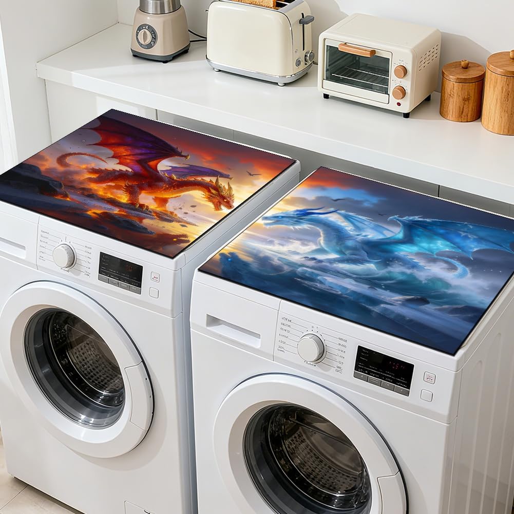 GLOBLELAND 2 Pcs Ice and Fire Dragons Washer Dryer Dust Cover 23.6×23.6 inch Giant Dragons Washing Machine Top Protector Pads Non Slip Washing Machine Top Covers for Laundry Rooms Living Room Kitchen
