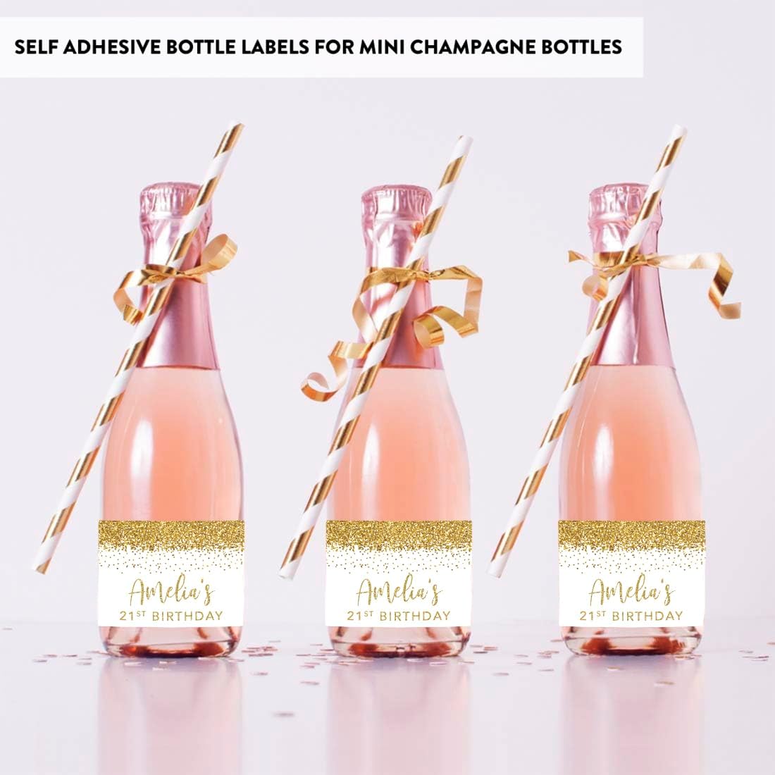 Andaz Press Personalized Birthday Mini Wine Labels for Bottles, Faux Gold Glitter 20-Pack Custom Mini Champagne Bottles Bulk Waterproof Mini Wine Bottle Labels Party Favors Adults Birthday