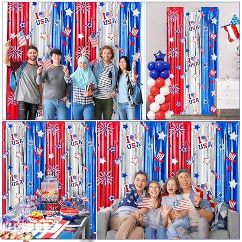 Image of WovWeave Red White Blue Decorations 2 Pack 3.3 x 6.6 Ft Patriotic 4th of July Tinsel Foil Fringe Curtains Star Firework Streamer Backdrop Photo Prop for Patriotic Independence Memorial Labor Day
