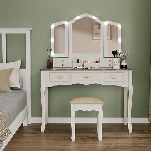 Escritorio de tocador vintage, escritorio de maquillaje con espejo de luces, juego de tocador con 7 cajones, mesa de vestir de maquillaje con