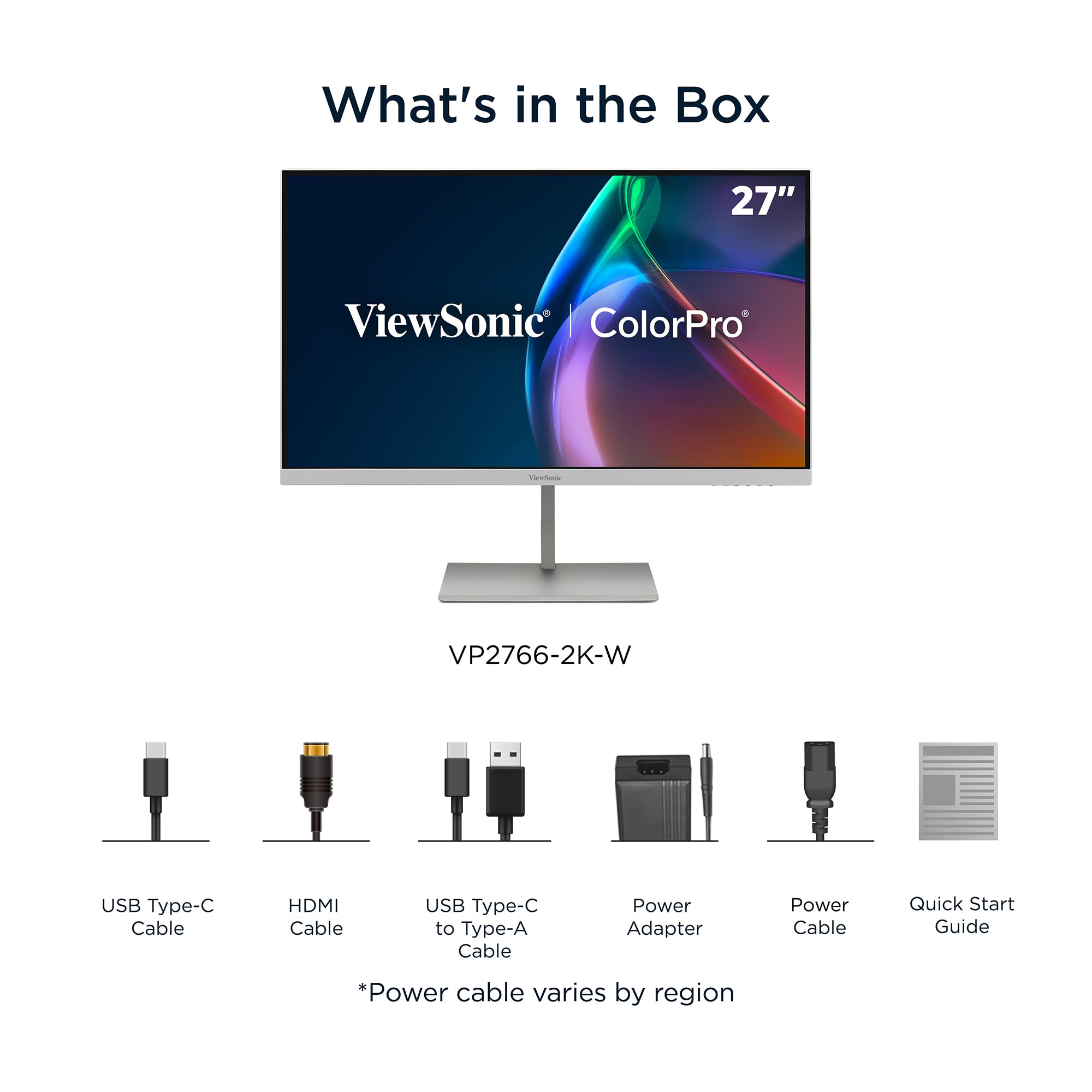 ViewSonic ColorPro VP2766-2K-W Monitor de 27 pulgadas 2K QHD, validado Pantone, Delta E<2, 100% sRGB, 90W USB-C, 120Hz, monitor creativo para diseño gráfico y edición de video, ergonómico, sin