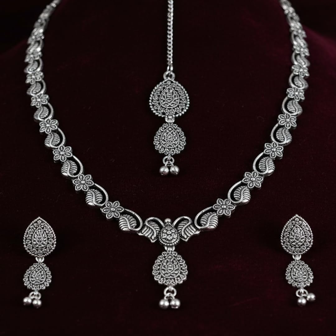 I Jewels Silver Oxidized Indian Wedding Bollywood Long Necklace Jewellery Set With Earring for Women