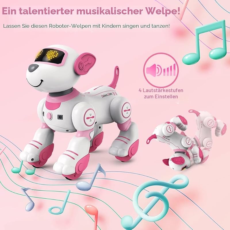 VATOS Fehér Rózsaszín Távirányítós Robotkutya Gyerekeknek, Érintésre Követő, 17 Funkciós Táncoló Zene DJ RC, 3-12 Év Lányoknak