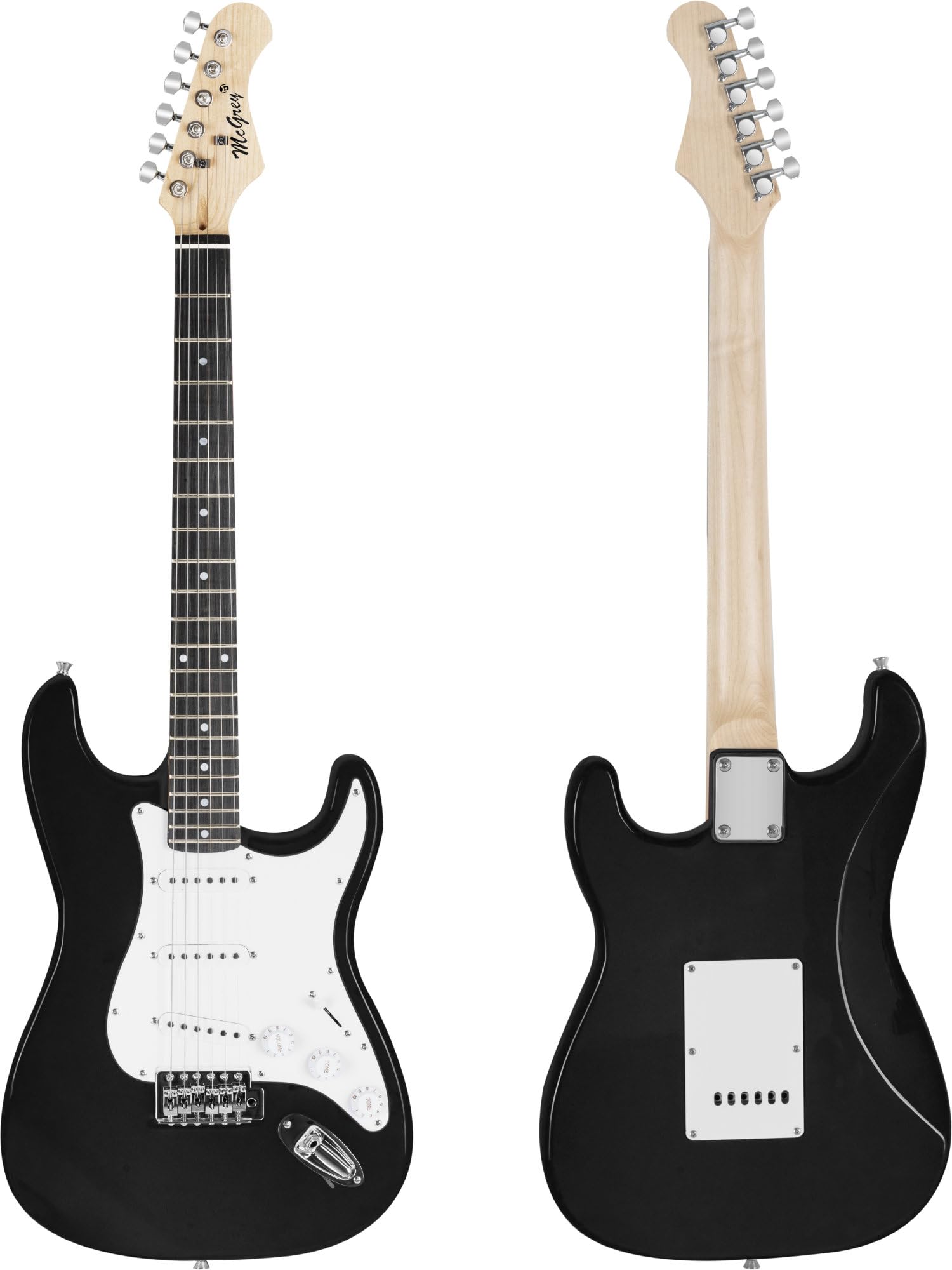 McGrey Rockit ST Komplettset E-Gitarre (8-teiliges Anfängerset mit Gitarre, Verstärker, Ersatzsaiten, Gitarrentasche, Stimmgerät, Plektren, Gurt und Gitarrenkabel) Schwarz