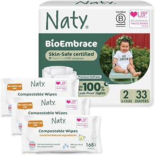 Naty Newborn Baby Diapers & Baby Wipes Starter Kit for Sensitive Skin – BioEmbrace Size 2 Diapers (6–13 lbs, 33 Count) + 98% Water Unscented Wipes, Hypoallergenic & Plant-Based (168 Count, 3 Packs)