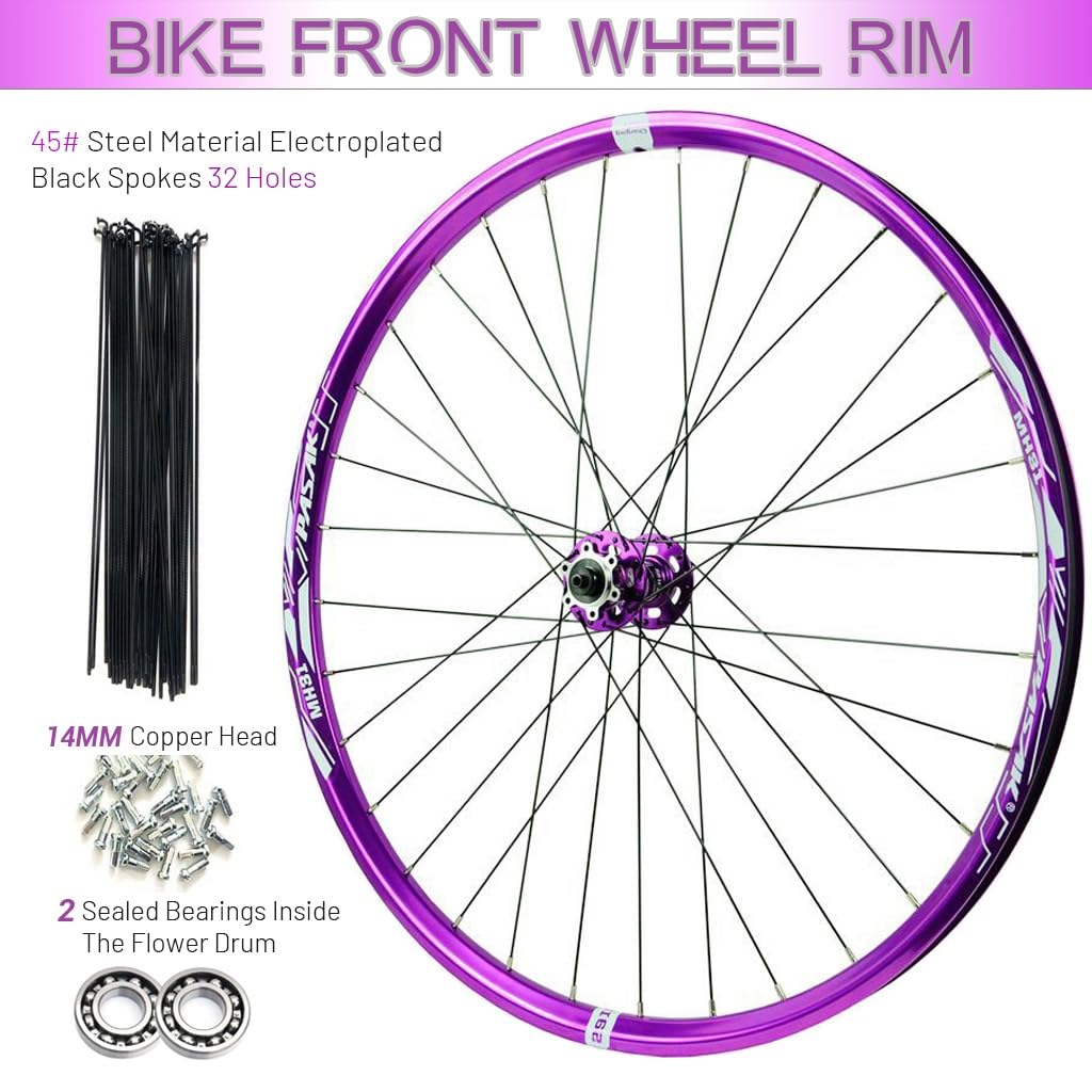 Roues de Vélo Alliage D'aluminium de 24 Pouces 26/27,5/29 Pouces, Jante À Double Paroi Moyeu de Frein À Disque Roulements Scellés Jante Roues de VTT Violettes for 7 À 12 Vitesses