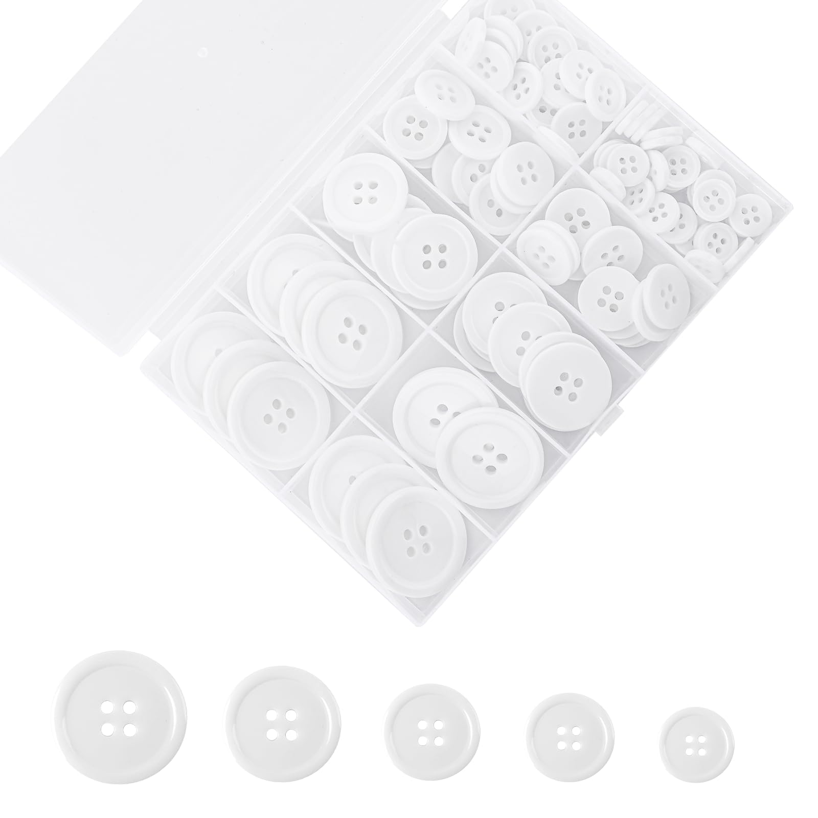100 PCS White Resin Buttons for Crafts, 4-Hole White Sewing Round Mixed Button for Crafts, 5 Sizes, with Compartment Storage Box, Suitable for Sewing, Suit Coat Shirt Button, DIY Decoration