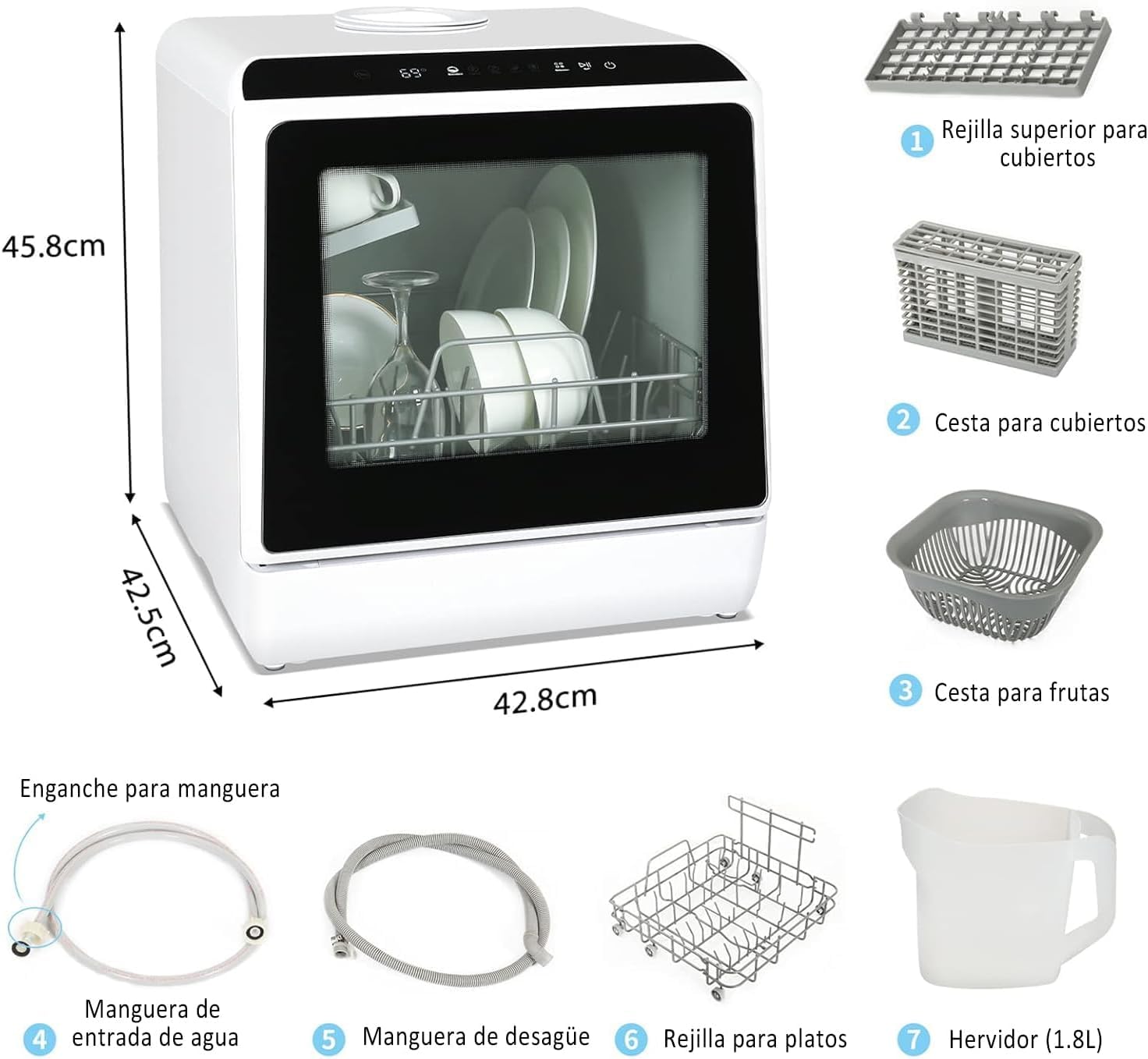 YU YUSING Mini Lavavajillas Pequeño 45 cm, 5 Cubiertos, 5+1 Programas, Secado PTC, con o sin Suministro de Agua, Lavavajillas Portatil Compacto, Tanque de 5 L, Pantalla LED, Blanco y Negro