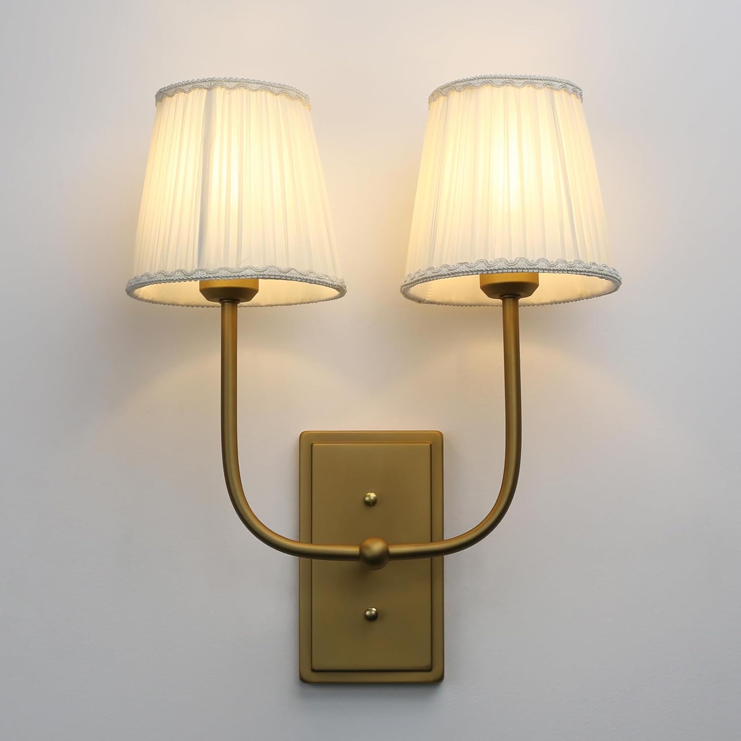 Vintage 2-Lights Wall Sconces with Off-White Pleated Gauze Fabric Shade, Double Heads Bathroom Vanity Lights Fixture, Indoor Wall Mounted Lamp for Bedroom Living Room Dining Room Hallway