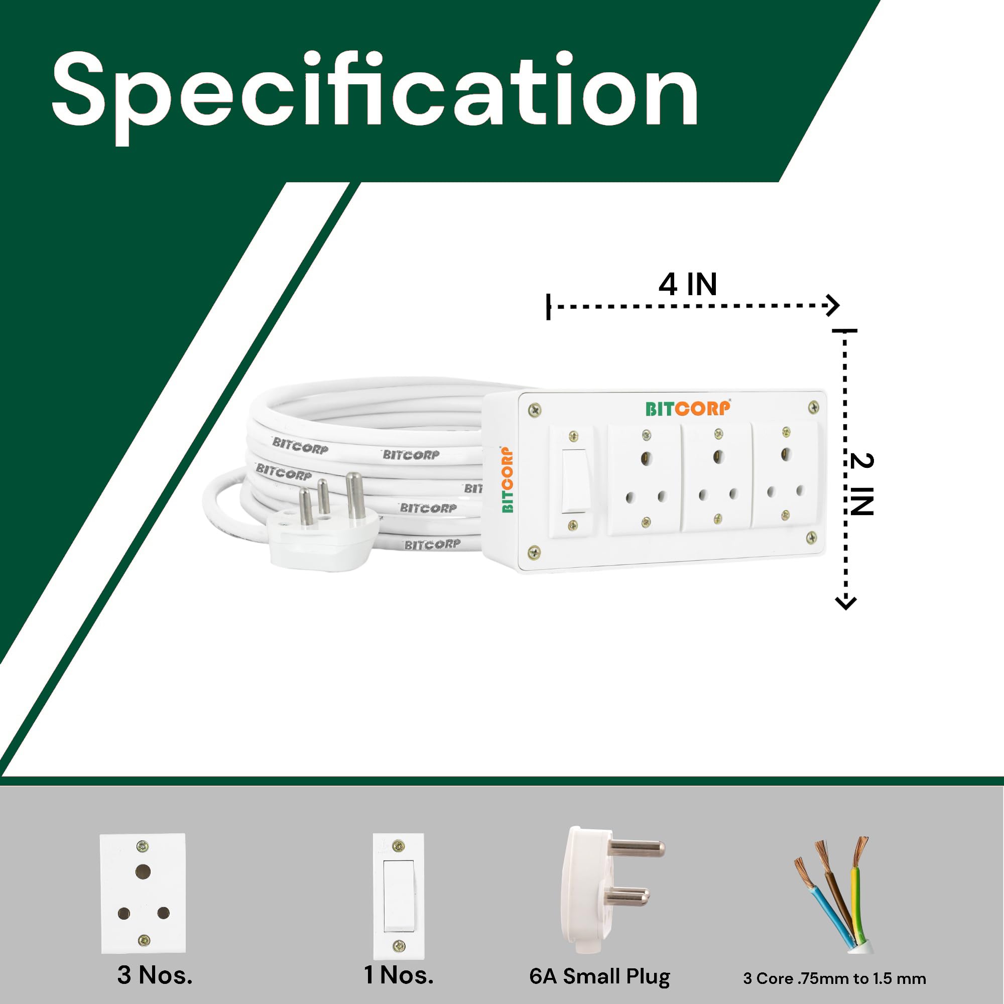 BITCORP 6A Extension Board 3 Socket 1 Switch, 2000W, 4M 1.5mm ISI Certified Wire — Amazon image 3