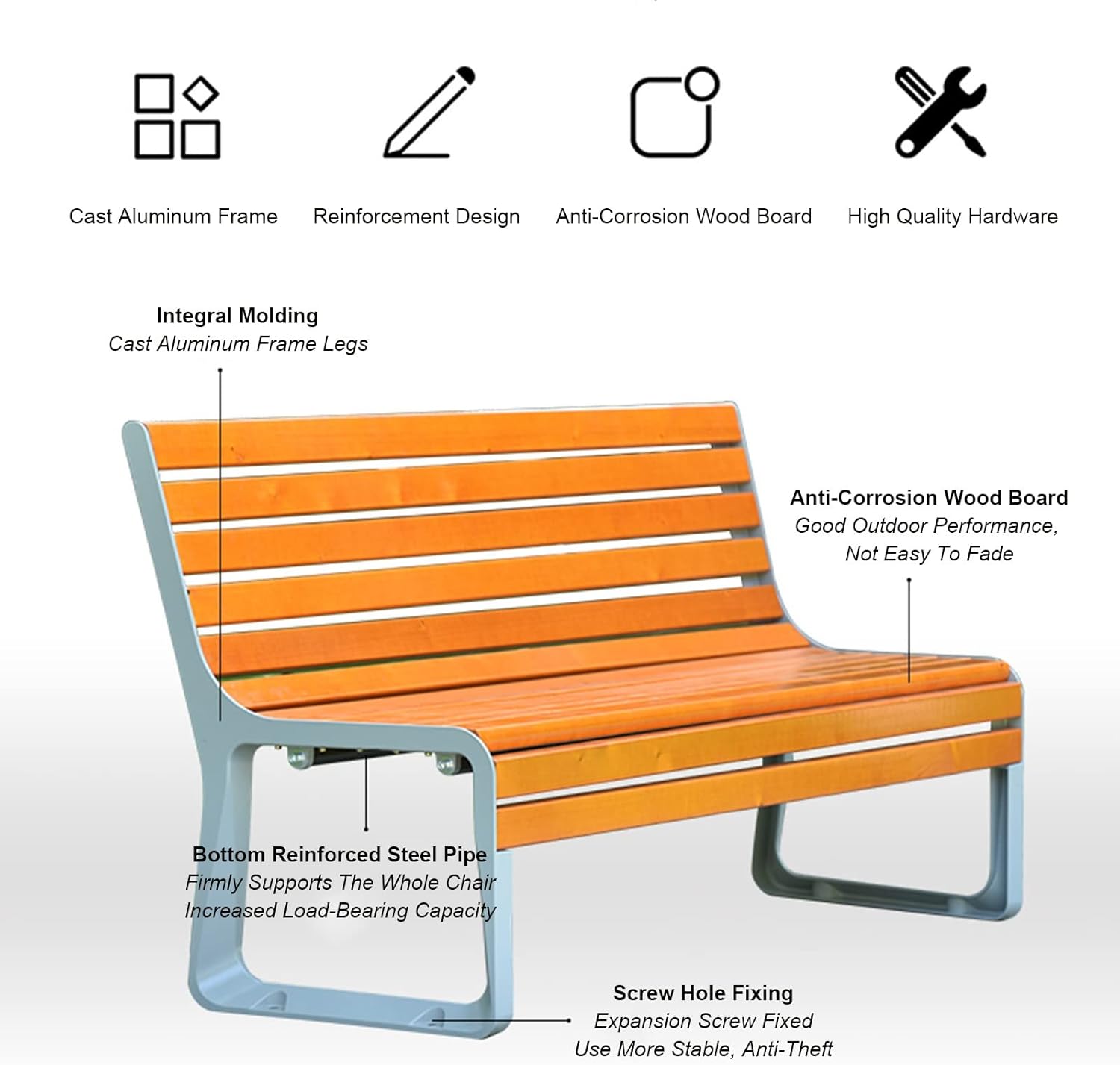 Weatherproof Outdoor Patio Bench - Durable Cast Aluminum Frame with Solid Wood Seat, Double Seat Garden Chair for Backyard, Porch, Deck, Lawn Furniture (Color: Wood)