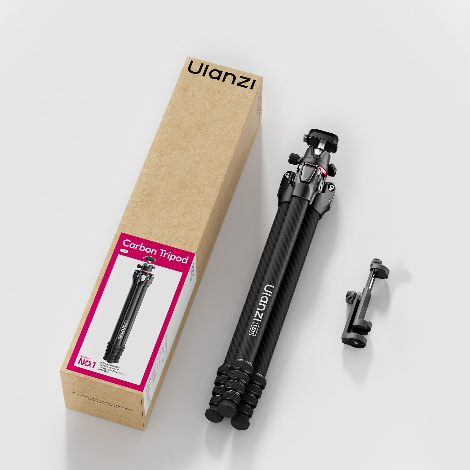 ULANZI TZ01 Trípode de Fibra de Carbono de 163cm, Trípode de Viaje 2 en 1 con Columna Central Desmontable, Soporte Ligero para Cámara y Móvil con Rótula de 360°, Sistema de Liberación Rápida Uka