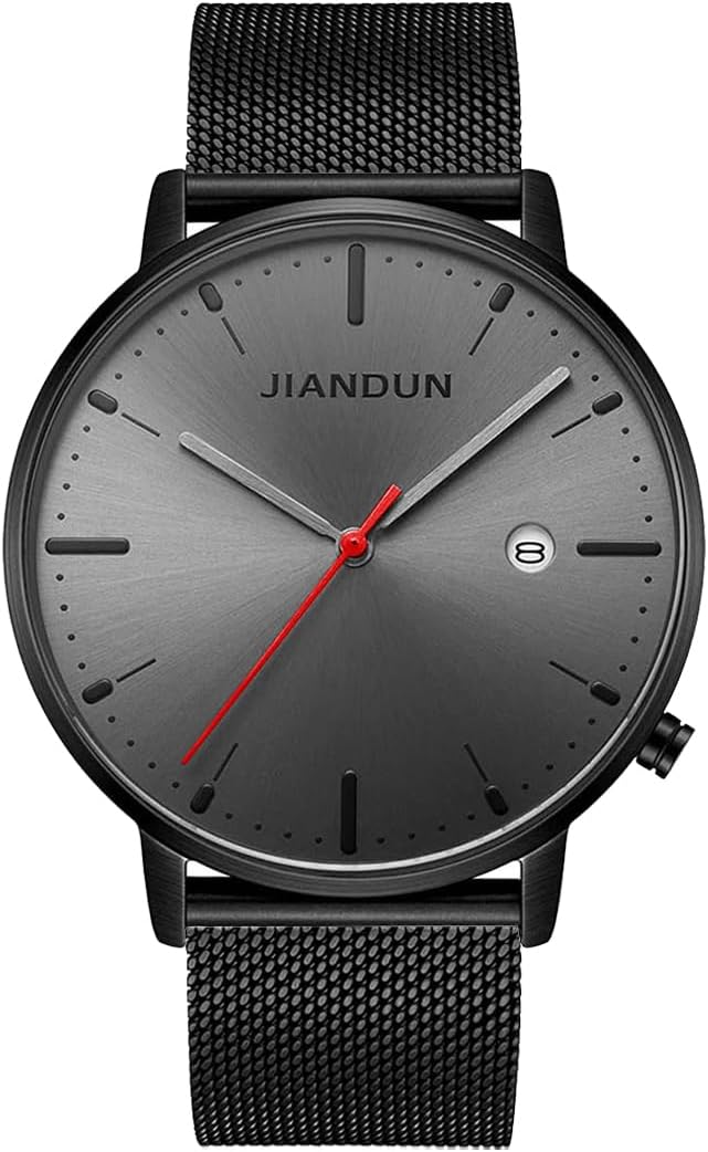 JIANDUN Mens Ultra-Thin Minimalist Wrist Watches for Men Dress Stainless Steel Mesh Band Waterproof(Black - Black face red Second)