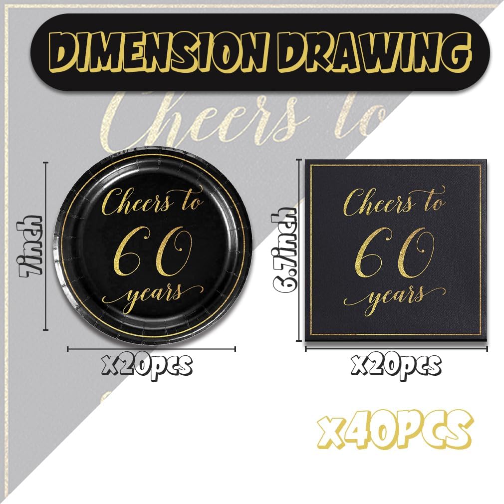 40pcs Cheers to 60 Years dessert plate, Napkins,for Black and Gold 60th Birthday Party Supplies,60th Anniversary Decorations Favors for Men and Women - Image 2