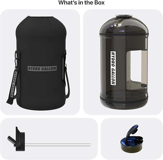 Hydro Gallon - 1 Gallon Water Bottle Jug with Insulated Sleeve and Straw Lid, Handle, Time Marker, Pocket, Shoulder Strap. Daily Intake Leakproof BPA free Large Big Bottle Men. 128oz (Black)