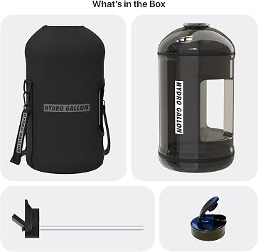 Hydro Gallon - 1 Gallon Water Bottle Jug with Insulated Sleeve and Straw Lid, Handle, Time Marker, Pocket, Shoulder Strap. Daily Intake Leakproof BPA free Large Big Bottle Men. 128oz (Black)