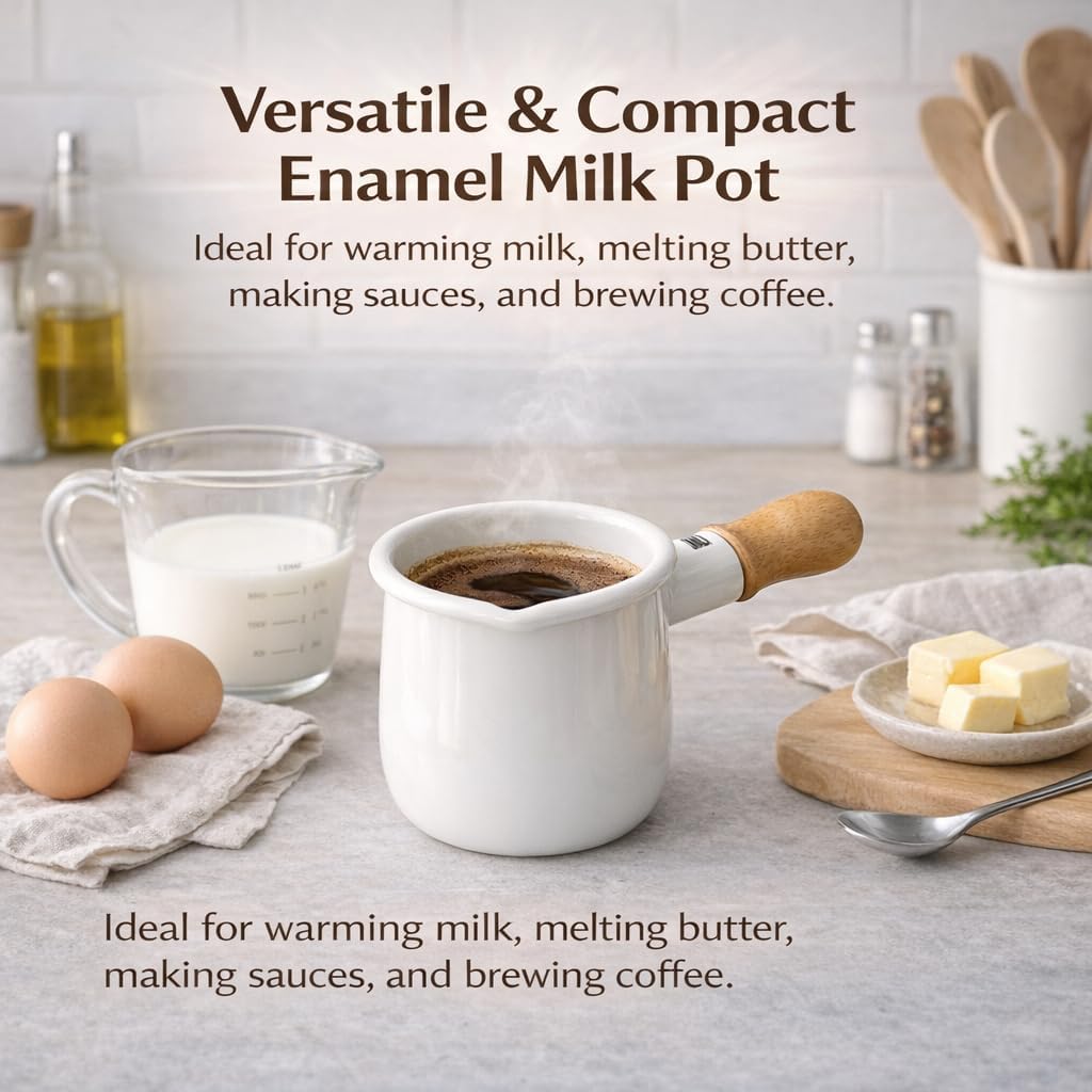 0.6qt Mini Enamel Milk Pot [ Designed in Japan ] 18.6 fl oz Butter Melter Milk Boiler Mini Saucepan with Pour Spout Butter Melting Pot Milk Pot for Stove Chai Pot (White)