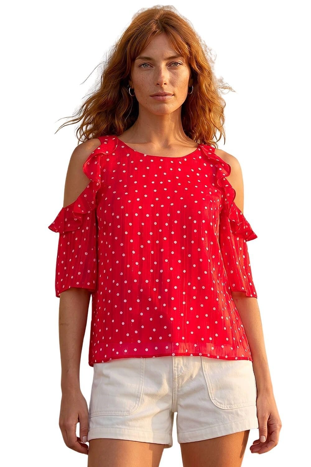 Roman Women's Spot Print Frill Cold Shoulder Top in Red | Size: 18