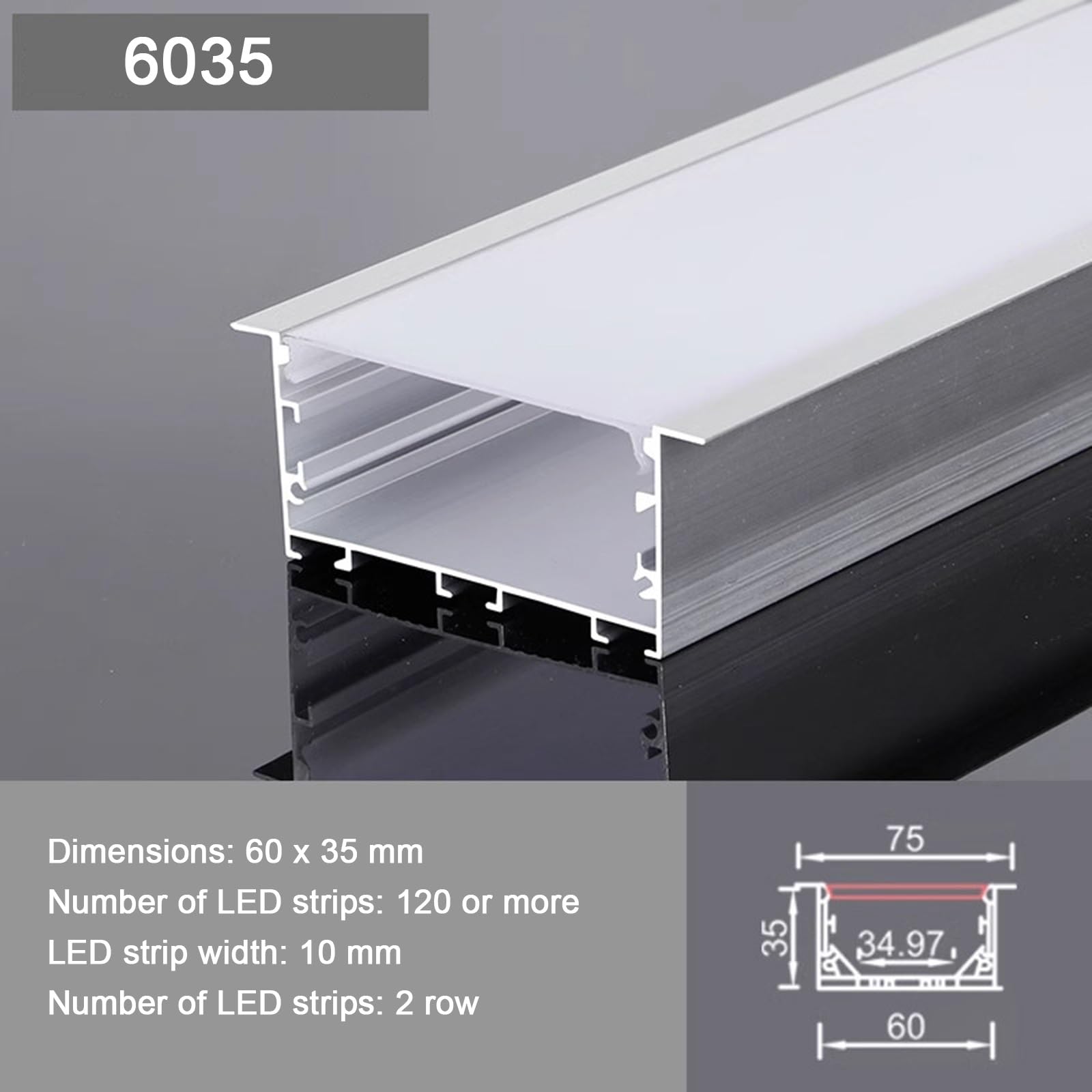 U-förmig LED Aluminiumprofil Mit Diffusor Quadratische Hohlkehle Zierleiste WIGING | Einbausockelleiste, LED-Profil für Gipskarton, abgehängte Decke, Kantenprofil (60 x 35 mm)