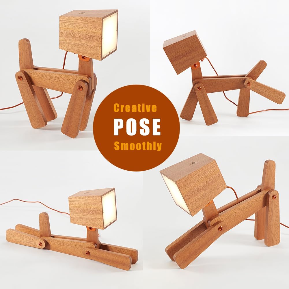 Novelty Cool Dog Lamp for Kids Room Bedroom Bedside - 3 Levels Dimmable Touch Control Wood Table Lamp Warm White Desk Light Gifts for Living Space Office Farmhouse Dorm (Mini-Sapele Color)