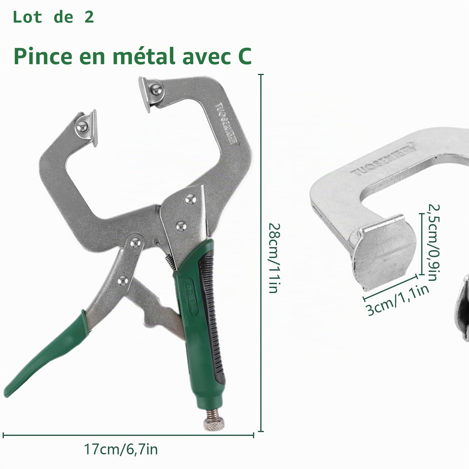 Lot de 2 pinces en C de 28 cm - Serre-joints en C - Pince à serrage rapide - Étau lourd - Avec vis réglables et coussinets pivotants - Pour le travail du bois et les soudeurs