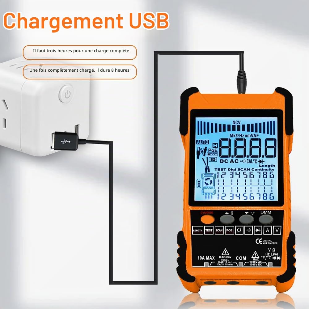 Testeur de câble multifonctionnel avec écran LCD, test POE, recherche numérique analogique, avec 3 ID d'appairage de câble, longueur câble réseau réglable, suivi de mesure court-circuit circuit ouvert