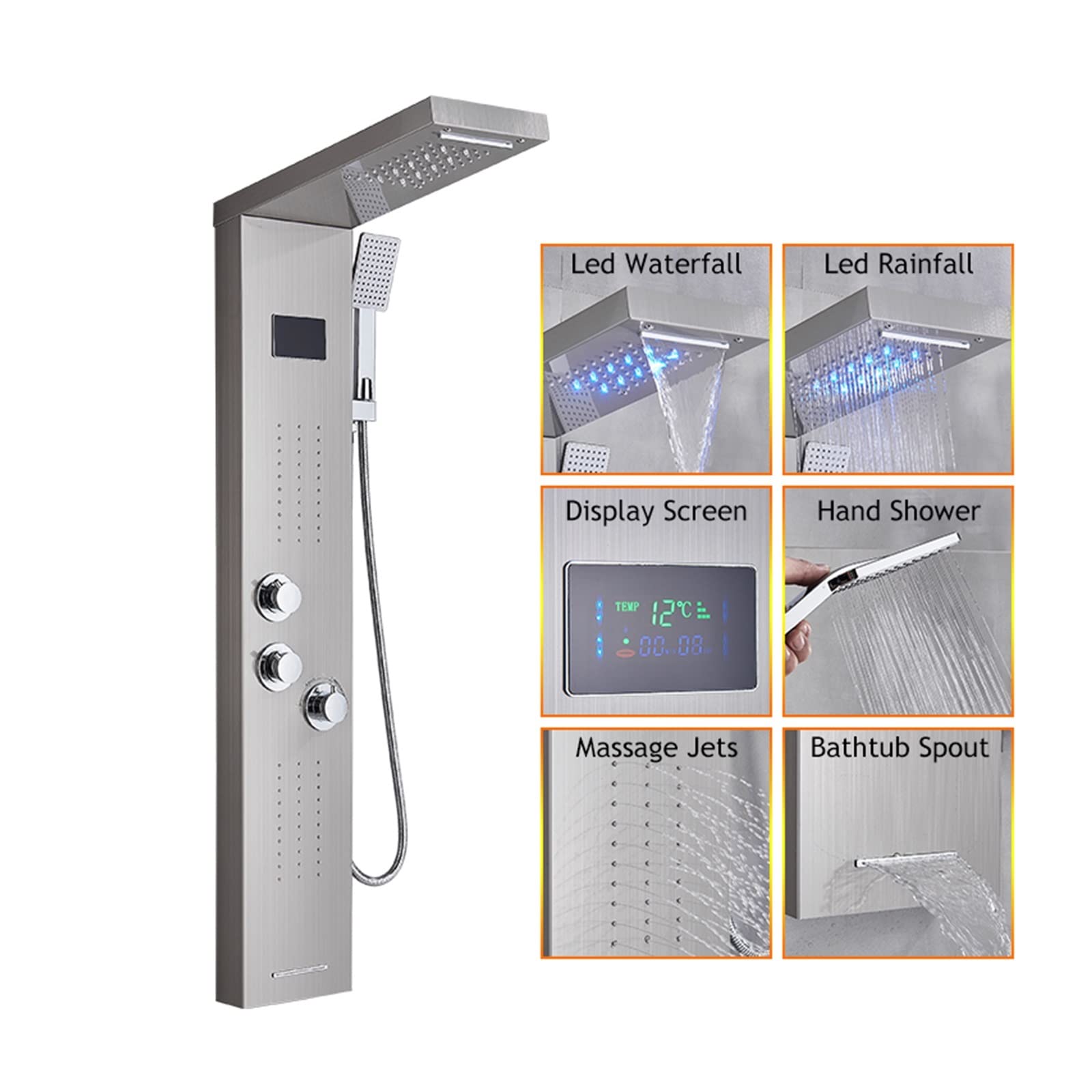 Soywim A Brushed Nickel Shower System, Led Shower Panel Bath Faucet Temperature Digital Display Tub Body Massage System Jets Tower Column(A Brushed Nickel)