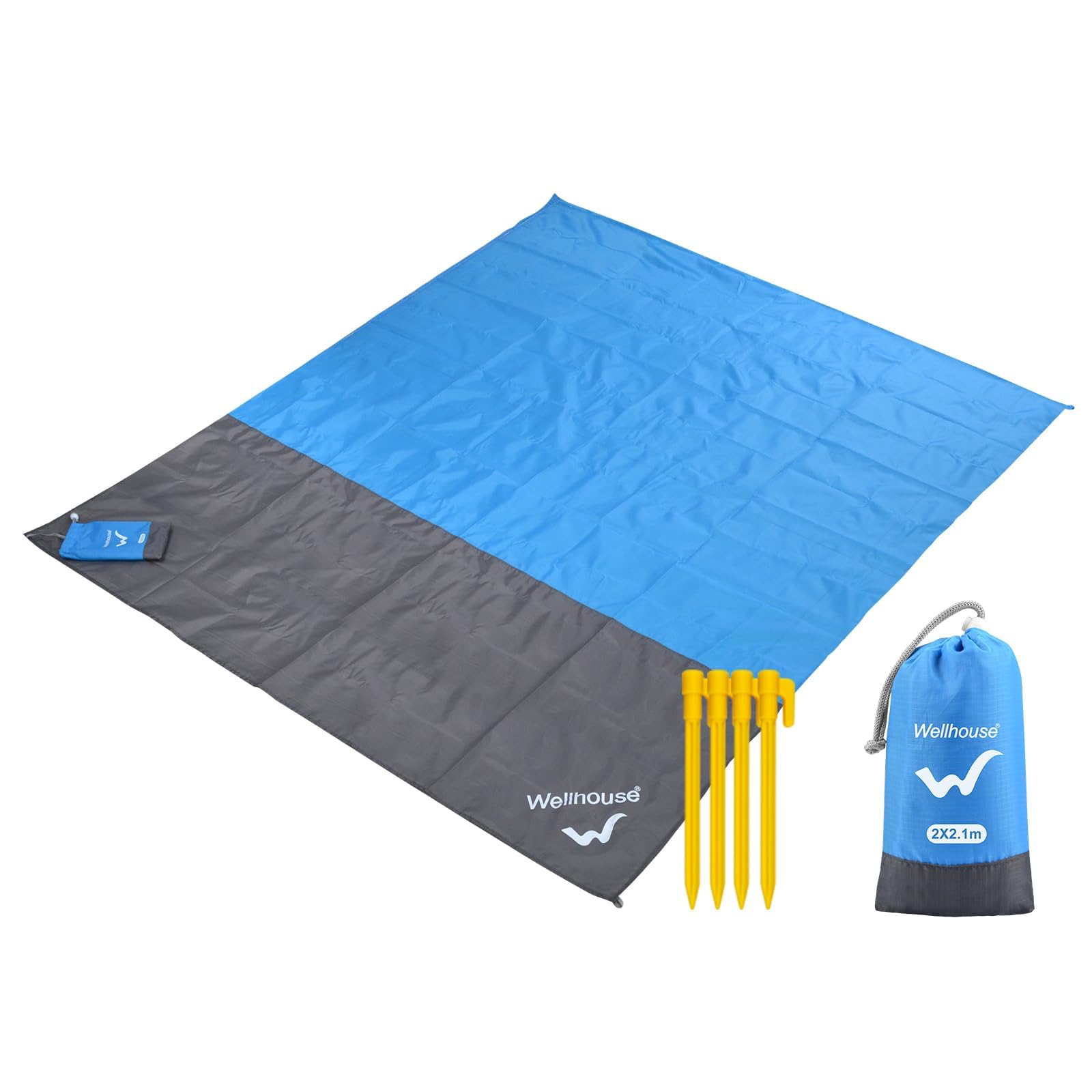 wellhouse Tapis de Plage Anti Sable Couverture Pique Nique imperméables 2.1 x 2 m Tapis de Camping natte avec étui de Pochette Etanche Smartphone Couverture de Plage séchage Rapide avec Poche Bleu