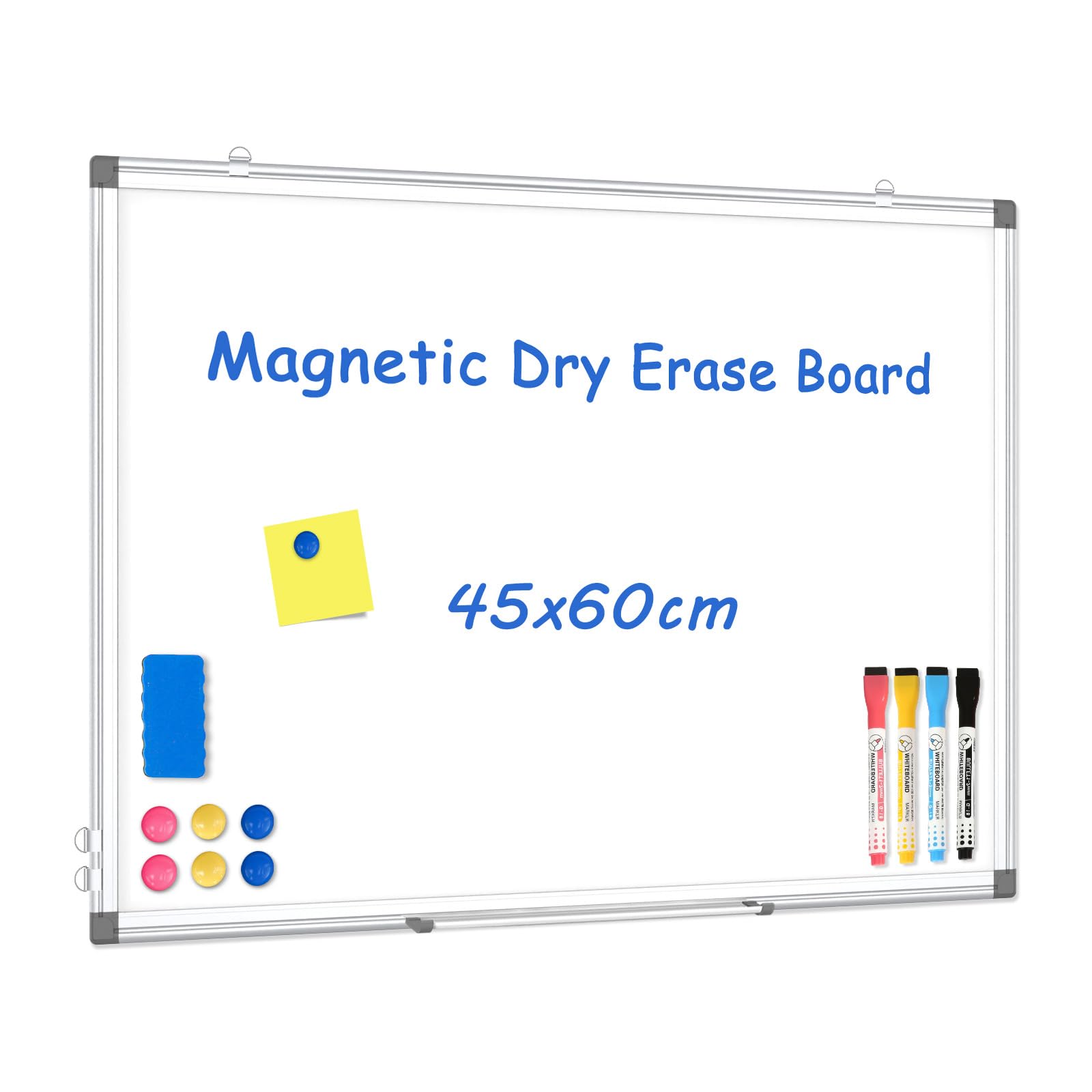 Large Magnetic Whiteboard for Wall, 45 x 60 cm Double-Sided Whiteboard with Aluminum Frame, Hanging Whiteboard, White Board for Office and Home with 4 Magnetic Markers, 6 Magnets, 1 Eraser