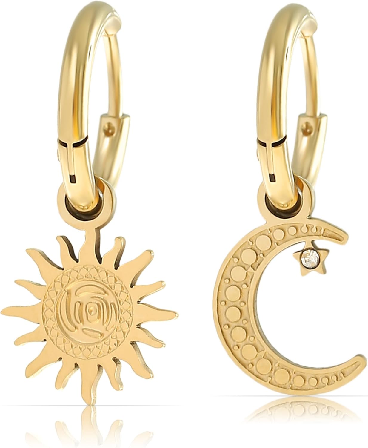 Made by Nami Gold Sun and Moon Earrings Celestial Mismatched Hoop Earrings for Women Stainless Steel Gold Plated Hoops Hypoallergenic Jewelry Gift
