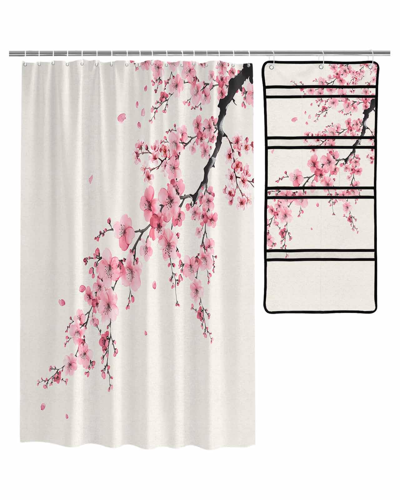 ZFUNCING Shower Curtain Mesh Shower Organizer Set Japanese Style Pink Cherry Blossom Tree Waterproof Bath Curtains Hanging Shower