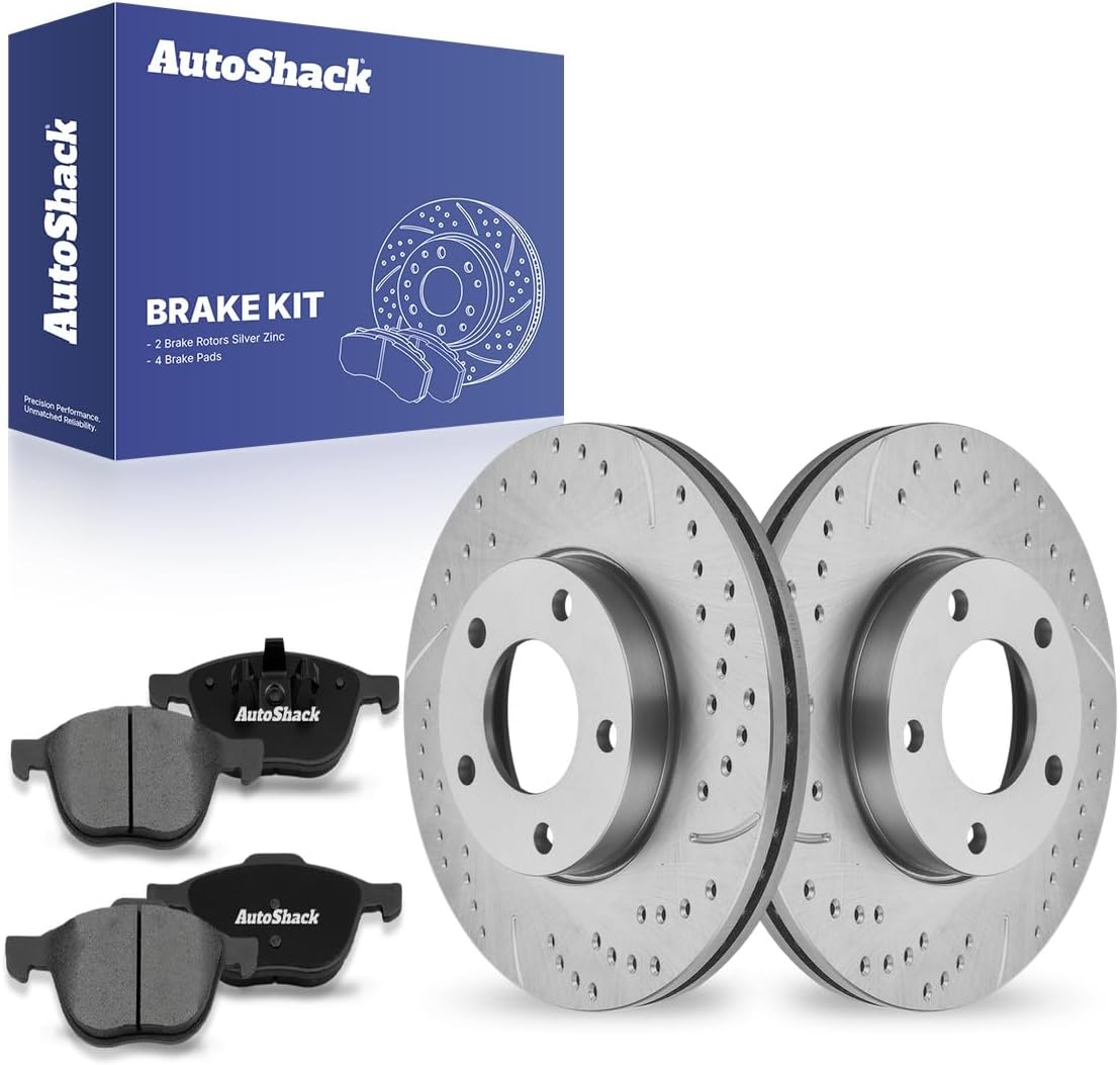 AutoShack Front Vented Drilled & Slotted Silver Zinc Coated Brake Rotors + Premium Ceramic Pads 6-PC Brake Kit Replacement for 2004-2013 Mazda 3 2012-2017 Mazda 5 SilverShield Pro 11.81" (300 mm)