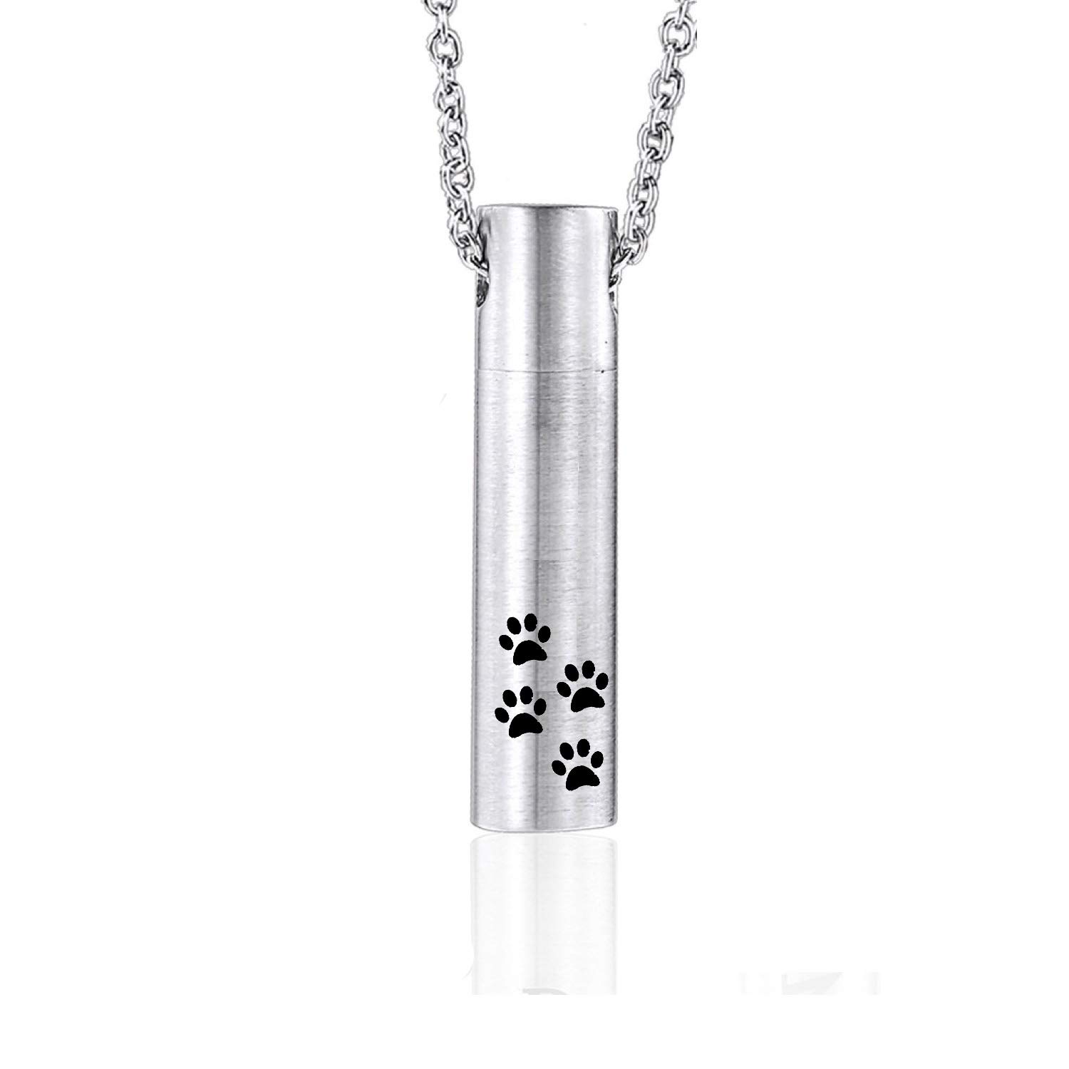 ZDBDH Ashes Necklace for Dog Cat Pet Paw Print Brushes Stainless Steel Bar Cylinder Cremation Pendant Necklace, Cremation Jewelry Keepsake Memorial Bereavement Gift,20