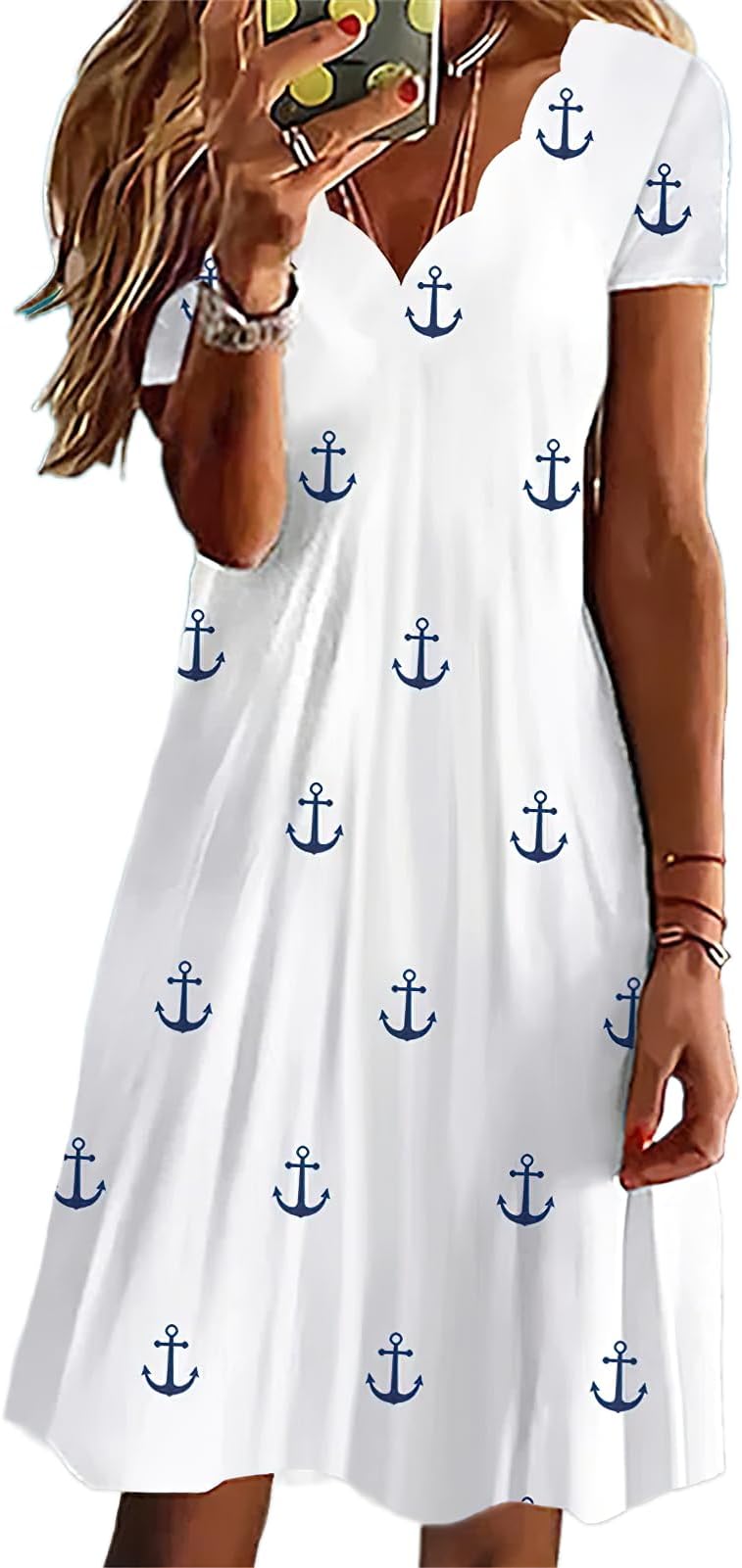 Womens Summer Nautical Anchor Printed Short Sleeve Casual Swing Mini Dress Marine Sailor Dress for Beach Vacation