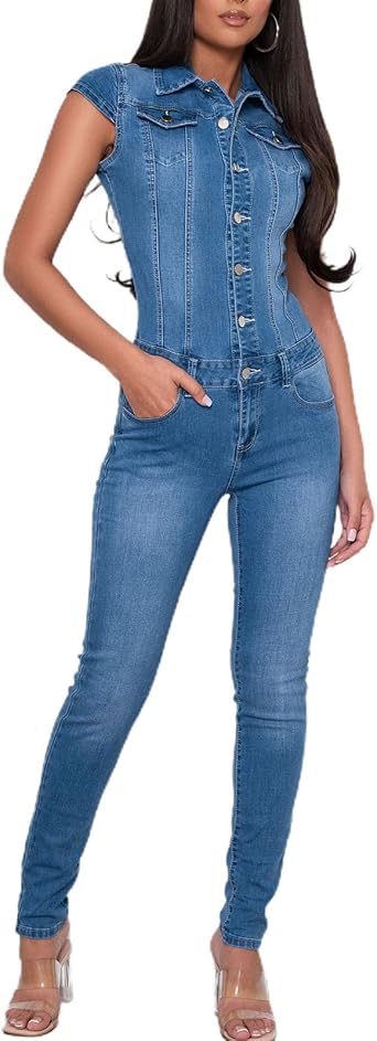 QJBMEI Womens Fashion Skinny Denim Jumpsuit Short Sleeve Button Down High Waist Stretch Jean Jumpsuit Romper