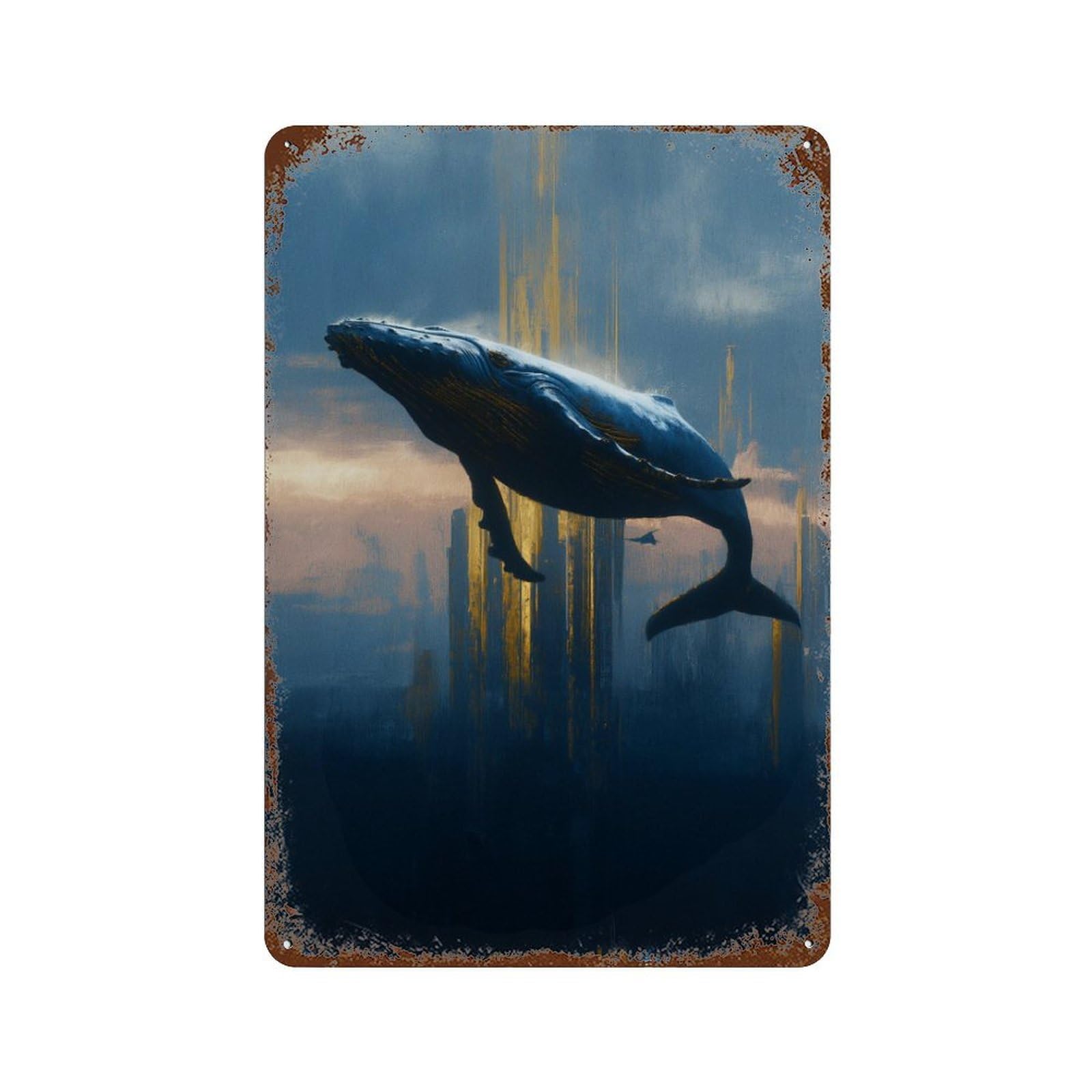 Garage Style Whale City Skyline Rust Effect Tin Sign 11.8"x7.9", Rustic Home Decor for Bar And Workshop