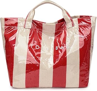 PVC Tote Bag for Women Stripe Letter Print Shoulder Handbag Waterproof Large Tote Bag Carry All Shopper