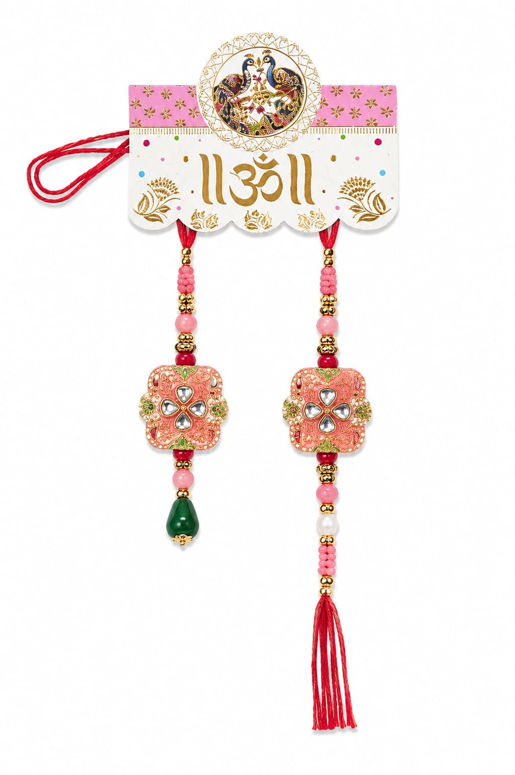 M D Enterprises Bhaiya Bhabhi Rakhi Set with Meenakari Floral Medallion, Beaded Thread, Red and Gold-image-13