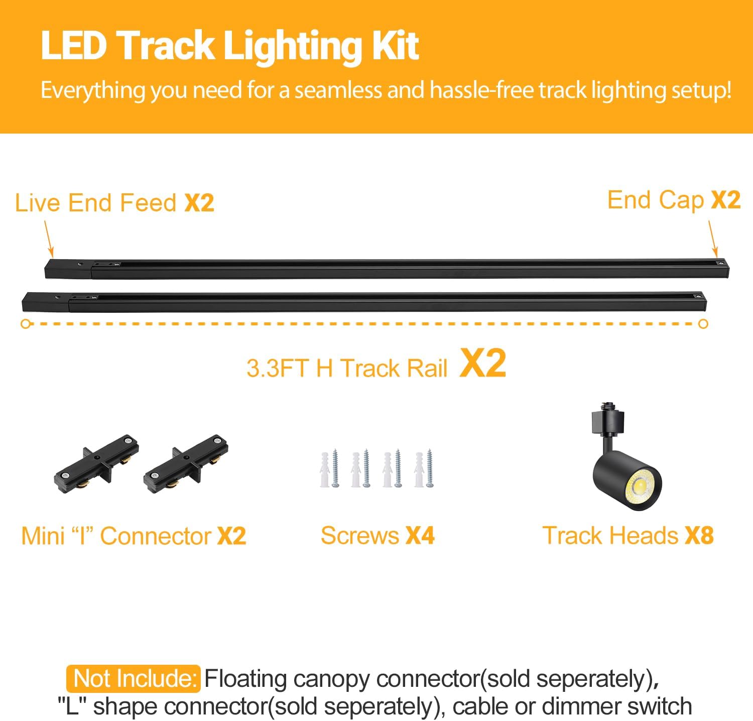 VANoopee 8-Light LED Track Lighting Kit with 6.6FT H Type Track Rails, Dimmable Track Light Heads Bright Ceiling Spotlight Fixture for Kitchen Accent Art, 3000K Warm White, No Flicker 10W 800lm Black