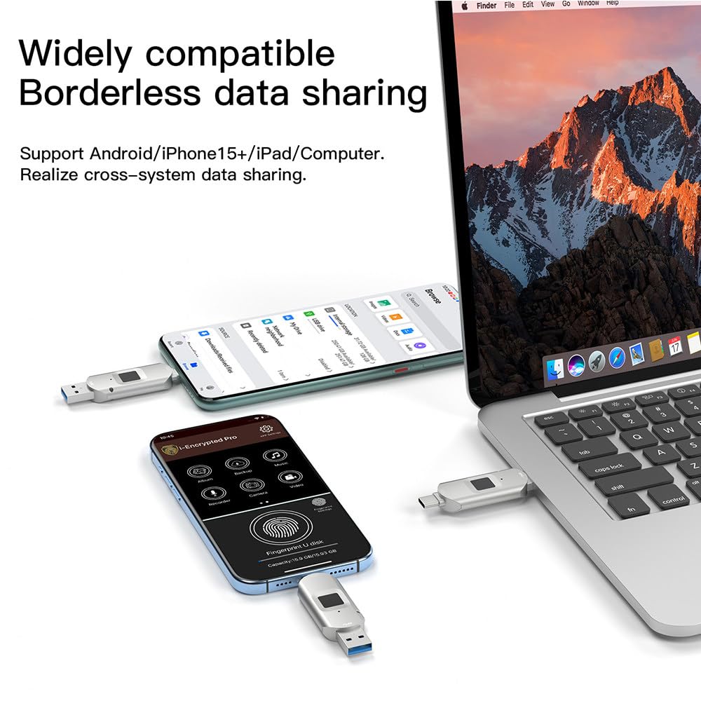 Odblokowanie linii papilarnych USB Flash Drive, ochrona hasłem dysk USB 2 w 1, szyfrowany pasek pamięci dla systemu Android/PC (7,6 x 2,15 x 0,85 cm) 64 GB