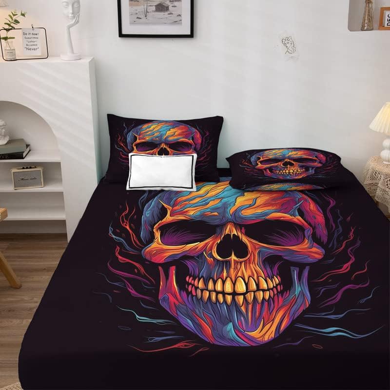 Miniatura 3 de Sábanas de calavera tamaño Queen  Sábanas de cama coloridas, microfibra suave y bolsillo profundo, sábanas y fundas de almohada estampadas sin